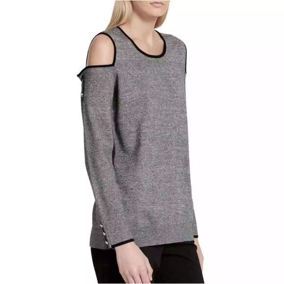 CALVIN KLEIN Women's Gray Contrast-trim Cold-shoulder Sweater Top Size M‎ - Picture 1 of 16